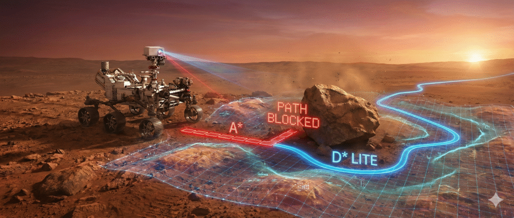Mars rover navigating rugged terrain with a holographic cost map overlay, showing a blocked red path representing A* algorithm versus a dynamic blue path representing D* Lite avoiding a rock.